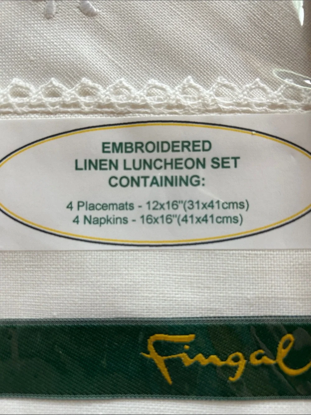 Vintage Fingal Irish Linen White Embroidered Luncheon Set of 4, NIB